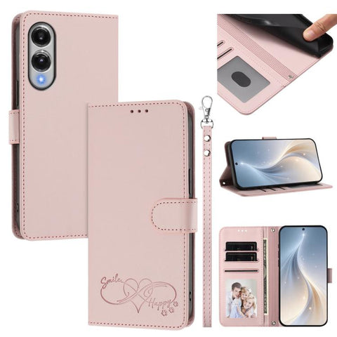 Happy Heart Pattern Magnetic Closure Vegan Leather Phone Case with Wrist Strap, For Galaxy S26 5G, For Galaxy S25 FE 5G, For Galaxy S25 Edge 5G, For Galaxy S25 / S24 5G