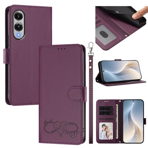 Happy Heart Pattern Magnetic Closure Vegan Leather Phone Case with Wrist Strap, For Galaxy S26 5G, For Galaxy S25 FE 5G, For Galaxy S25 Edge 5G, For Galaxy S25 / S24 5G