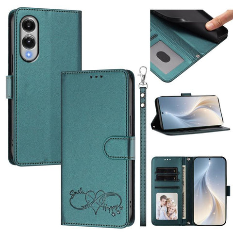 Happy Heart Pattern Magnetic Closure Vegan Leather Phone Case with Wrist Strap, For Galaxy S26 5G, For Galaxy S25 FE 5G, For Galaxy S25 Edge 5G, For Galaxy S25 / S24 5G
