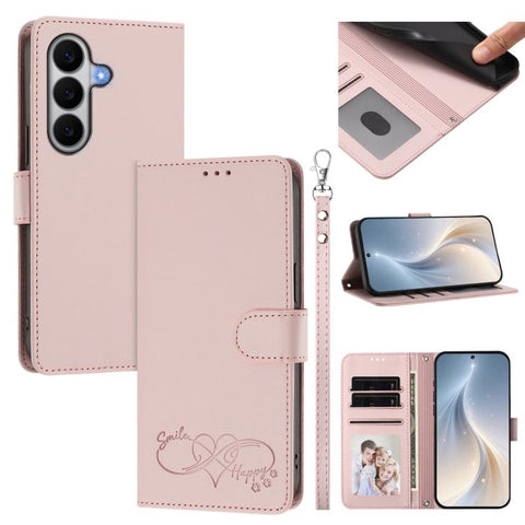 Happy Heart Pattern Magnetic Closure Vegan Leather Phone Case with Wrist Strap, For Galaxy A57 5G, For Galaxy A37 5G, For Galaxy A27 5G, For Galaxy A25e / A25 5G JP