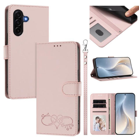 Happy Heart Pattern Magnetic Closure Vegan Leather Phone Case with Wrist Strap, For Galaxy A57 5G, For Galaxy A37 5G, For Galaxy A27 5G, For Galaxy A25e / A25 5G JP