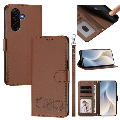 Happy Heart Pattern Magnetic Closure Vegan Leather Phone Case with Wrist Strap, For Galaxy A57 5G, For Galaxy A37 5G, For Galaxy A27 5G, For Galaxy A25e / A25 5G JP
