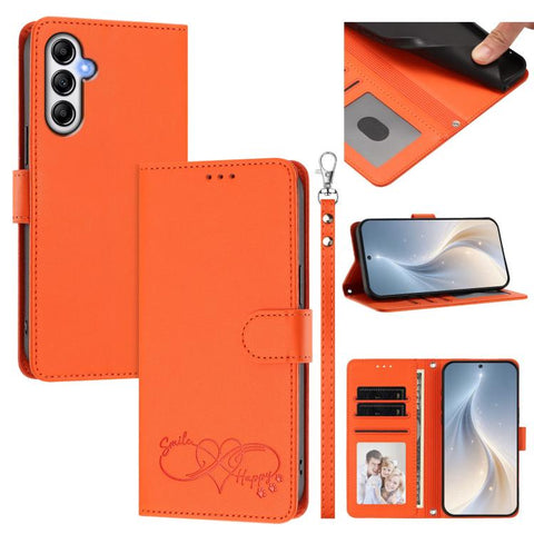 Happy Heart Pattern Magnetic Closure Vegan Leather Phone Case with Wrist Strap, For Galaxy A54 5G
