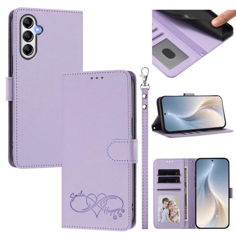 Happy Heart Pattern Magnetic Closure Vegan Leather Phone Case with Wrist Strap, For Galaxy A54 5G