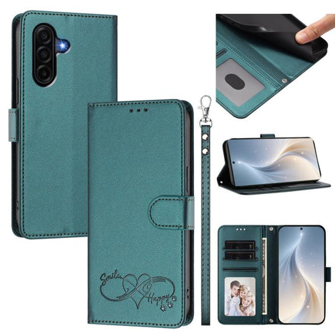 Happy Heart Pattern Magnetic Closure Vegan Leather Phone Case with Wrist Strap, For Galaxy A57 5G, For Galaxy A37 5G, For Galaxy A27 5G, For Galaxy A25e / A25 5G JP