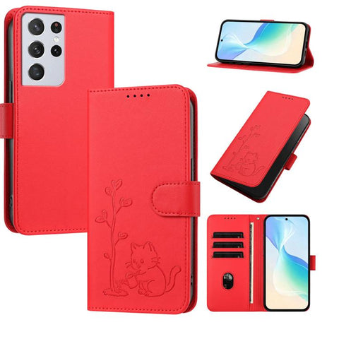 YX0014 Cat Watering Tree Buckle Vegan Leather Phone Case with Lanyard, For Galaxy S21 Ultra 5G, For Galaxy Note20 Ultra, For Galaxy Note20, For Galaxy S20 Ultra