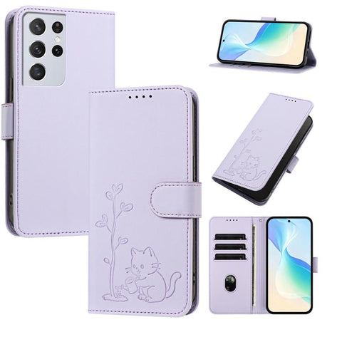YX0014 Cat Watering Tree Buckle Vegan Leather Phone Case with Lanyard, For Galaxy S21 Ultra 5G, For Galaxy Note20 Ultra, For Galaxy Note20, For Galaxy S20 Ultra