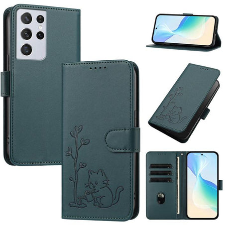 YX0014 Cat Watering Tree Buckle Vegan Leather Phone Case with Lanyard, For Galaxy S21 Ultra 5G, For Galaxy Note20 Ultra, For Galaxy Note20, For Galaxy S20 Ultra