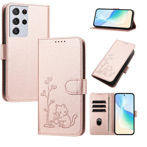 YX0014 Cat Watering Tree Buckle Vegan Leather Phone Case with Lanyard, For Galaxy S21 Ultra 5G, For Galaxy Note20 Ultra, For Galaxy Note20, For Galaxy S20 Ultra