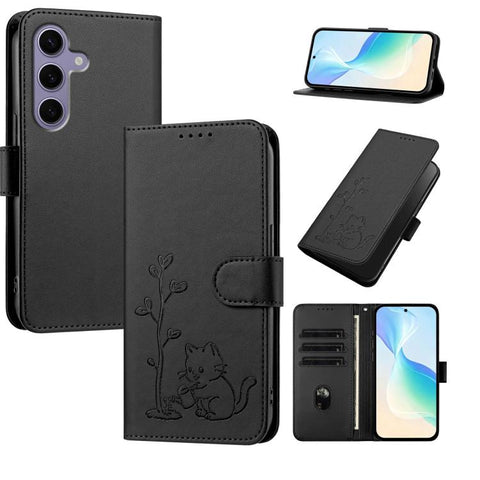YX0014 Cat Watering Tree Buckle Vegan Leather Phone Case with Lanyard, For Galaxy S25 FE 5G, For Galaxy S25 Edge 5G, For Galaxy S25 5G, For Galaxy S25+ 5G