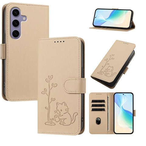 YX0014 Cat Watering Tree Buckle Vegan Leather Phone Case with Lanyard, For Galaxy S25 FE 5G, For Galaxy S25 Edge 5G, For Galaxy S25 5G, For Galaxy S25+ 5G