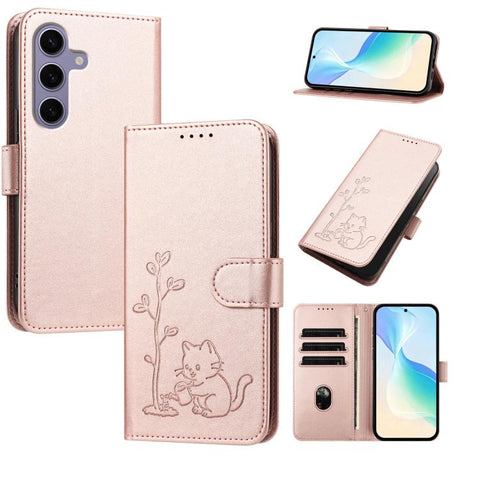 YX0014 Cat Watering Tree Buckle Vegan Leather Phone Case with Lanyard, For Galaxy S25 FE 5G, For Galaxy S25 Edge 5G, For Galaxy S25 5G, For Galaxy S25+ 5G