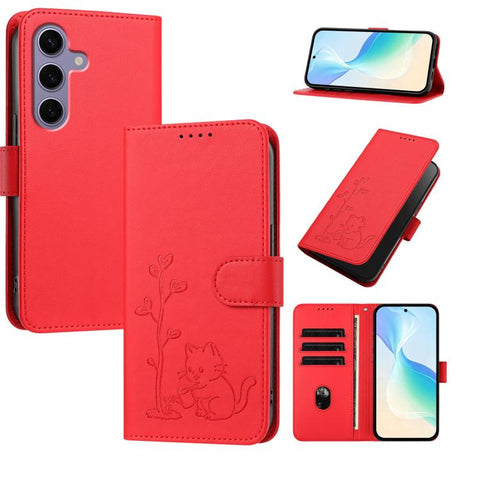 YX0014 Cat Watering Tree Buckle Vegan Leather Phone Case with Lanyard, For Galaxy S25 FE 5G, For Galaxy S25 Edge 5G, For Galaxy S25 5G, For Galaxy S25+ 5G