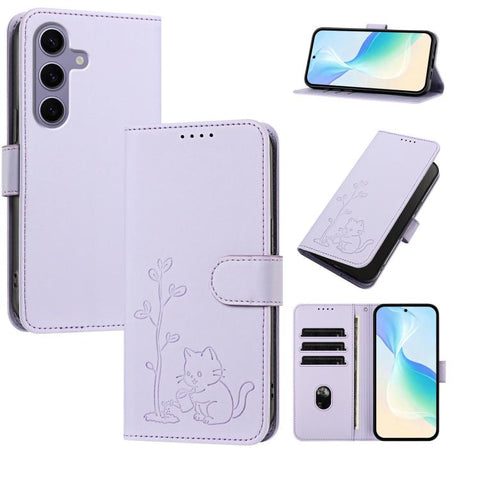 YX0014 Cat Watering Tree Buckle Vegan Leather Phone Case with Lanyard, For Galaxy S25 FE 5G, For Galaxy S25 Edge 5G, For Galaxy S25 5G, For Galaxy S25+ 5G