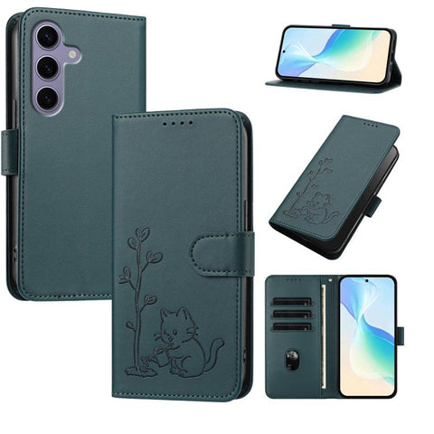 YX0014 Cat Watering Tree Buckle Vegan Leather Phone Case with Lanyard, For Galaxy S25 FE 5G, For Galaxy S25 Edge 5G, For Galaxy S25 5G, For Galaxy S25+ 5G