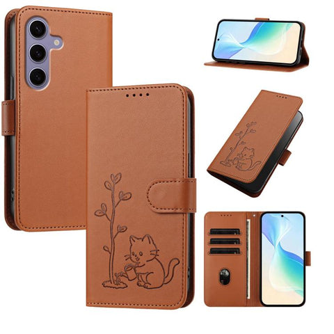 YX0014 Cat Watering Tree Buckle Vegan Leather Phone Case with Lanyard, For Galaxy S25 FE 5G, For Galaxy S25 Edge 5G, For Galaxy S25 5G, For Galaxy S25+ 5G