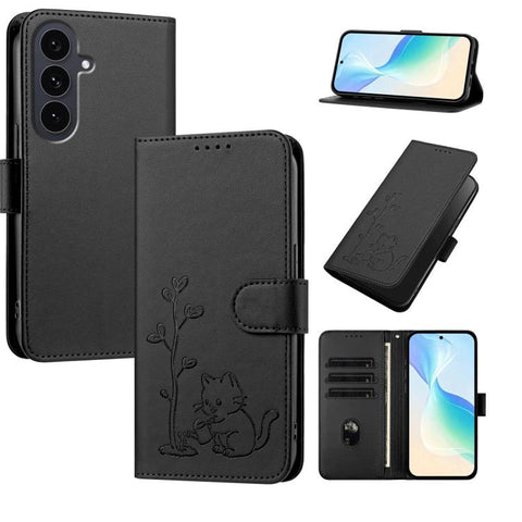 YX0014 Cat Watering Tree Buckle Vegan Leather Phone Case with Lanyard, For Galaxy S25 FE 5G, For Galaxy S25 Edge 5G, For Galaxy S25 5G, For Galaxy S25+ 5G