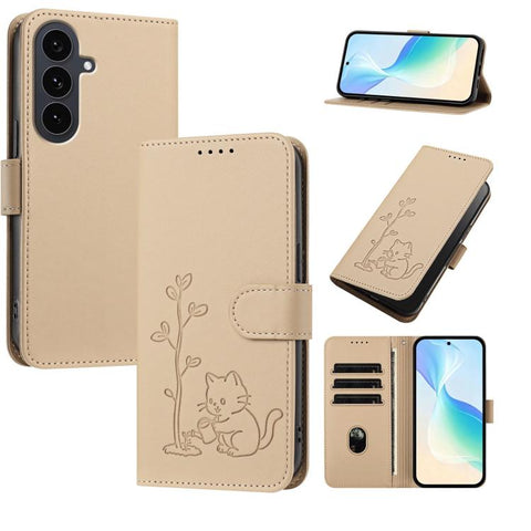 YX0014 Cat Watering Tree Buckle Vegan Leather Phone Case with Lanyard, For Galaxy S25 FE 5G, For Galaxy S25 Edge 5G, For Galaxy S25 5G, For Galaxy S25+ 5G