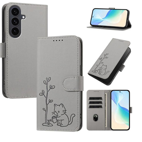 YX0014 Cat Watering Tree Buckle Vegan Leather Phone Case with Lanyard, For Galaxy S25 FE 5G, For Galaxy S25 Edge 5G, For Galaxy S25 5G, For Galaxy S25+ 5G