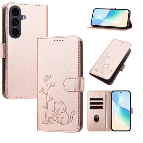 YX0014 Cat Watering Tree Buckle Vegan Leather Phone Case with Lanyard, For Galaxy S25 FE 5G, For Galaxy S25 Edge 5G, For Galaxy S25 5G, For Galaxy S25+ 5G