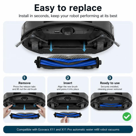 For Ecovacs DEEBOT X11 / X11 Pro Replacement Parts, Main Brush, Side Brush, Roller Mop, Activated Carbon Filter, Filter, Auto Refill and Drain Version Dust Bag, Water Tank Version Dust Bag