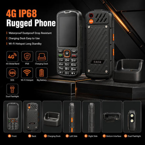 HP290Z 4G IP68 Rugged Phone, 2.8 inch, 3000mAh Battery, Network: 4G, BT, FM, SOS, Torch, With Charging Dock, EU Plug, US Plug, UK Plug