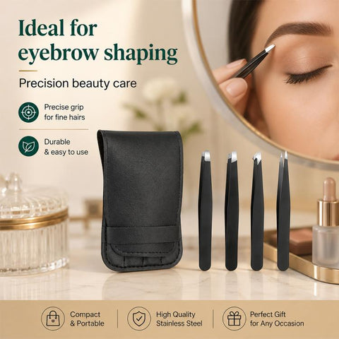 4pcs/Set Stainless Steel Tweezers Eyebrow Shaping Tool Kit with PU Leather Bag