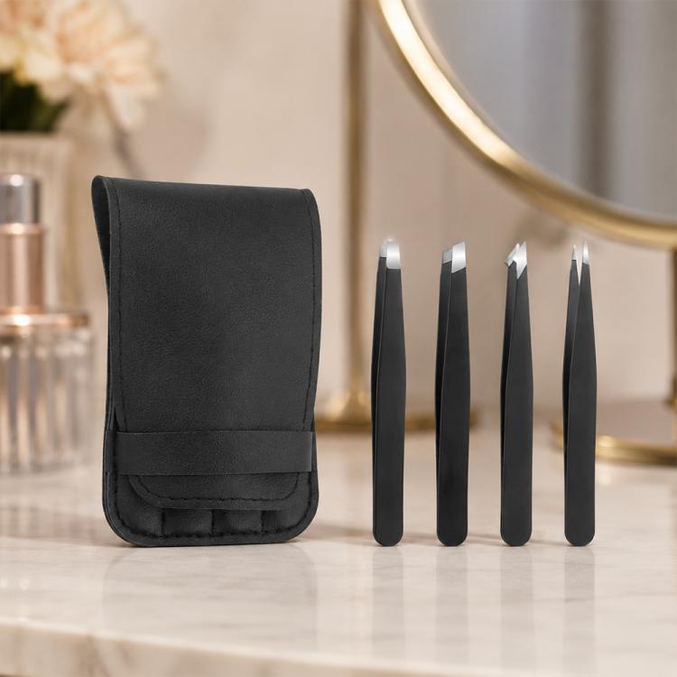 4pcs/Set Stainless Steel Tweezers Eyebrow Shaping Tool Kit with PU Leather Bag