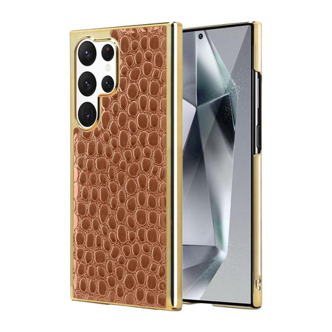 Pearl Crocodile Texture Electroplated Frame PC + Vegan Leather Phone Case, For Galaxy S25 5G, For Galaxy S25 Ultra 5G, For Galaxy S24 Ultra 5G, For Galaxy S24 5G, For Galaxy S23 Ultra 5G, For Galaxy S23 5G, For Galaxy S22 Ultra 5G, For Galaxy S22 5G