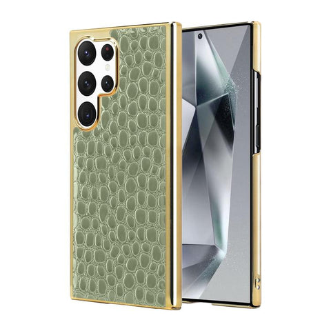 Pearl Crocodile Texture Electroplated Frame PC + Vegan Leather Phone Case, For Galaxy S25 5G, For Galaxy S25 Ultra 5G, For Galaxy S24 Ultra 5G, For Galaxy S24 5G, For Galaxy S23 Ultra 5G, For Galaxy S23 5G, For Galaxy S22 Ultra 5G, For Galaxy S22 5G