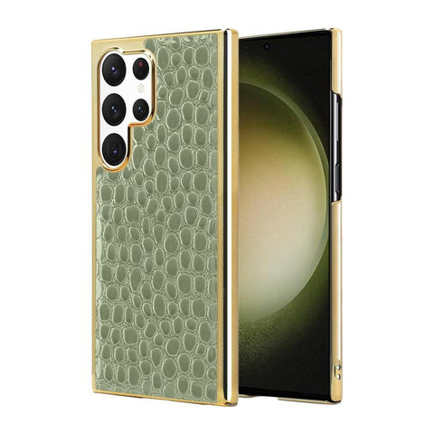 Pearl Crocodile Texture Electroplated Frame PC + Vegan Leather Phone Case, For Galaxy S25 5G, For Galaxy S25 Ultra 5G, For Galaxy S24 Ultra 5G, For Galaxy S24 5G, For Galaxy S23 Ultra 5G, For Galaxy S23 5G, For Galaxy S22 Ultra 5G, For Galaxy S22 5G