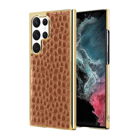 Pearl Crocodile Texture Electroplated Frame PC + Vegan Leather Phone Case, For Galaxy S25 5G, For Galaxy S25 Ultra 5G, For Galaxy S24 Ultra 5G, For Galaxy S24 5G, For Galaxy S23 Ultra 5G, For Galaxy S23 5G, For Galaxy S22 Ultra 5G, For Galaxy S22 5G