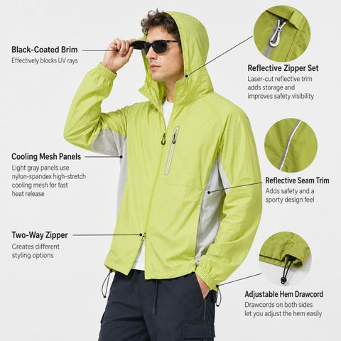 UPF50+ Lightweight Breathable Sun Protection Coat with Black Rubber Brim Hood, S, M, L, XL, 2XL, 3XL