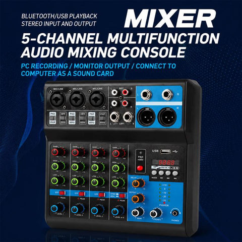 F-5A Multi-function Professional 5-way Recording Mixer Bluetooth Live Streaming Sound Card, EU Plug, UK Plug, US Plug