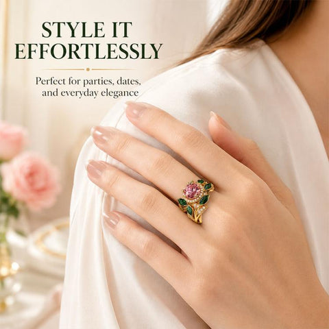 Exquisite Oil Drop Craft Flower Pink Gemstone Ring, Number 8
