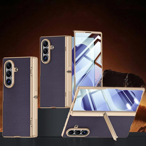 Spring Hinge Holder Vegan Leather Integrated Film Phone Case, For Galaxy Z Fold8 5G, For Galaxy Z Fold8 Ultra 5G
