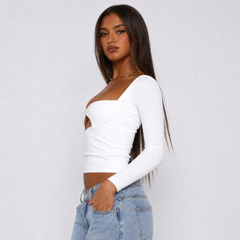Long Sleeve Sexy Y2K Form-Fitting Slim Knitted T-shirt Top, L, XL, XS, S, M