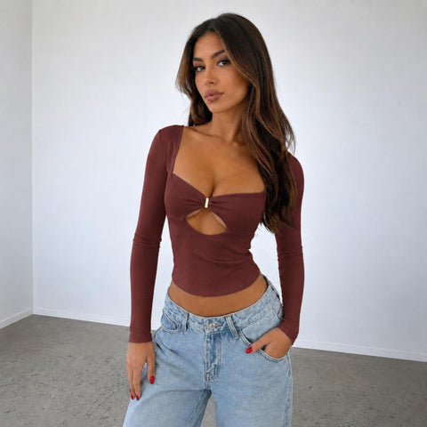 Long Sleeve Sexy Y2K Form-Fitting Slim Knitted T-shirt Top, L, XL, XS, S, M