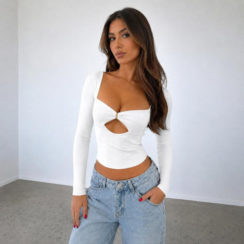 Long Sleeve Sexy Y2K Form-Fitting Slim Knitted T-shirt Top, L, XL, XS, S, M