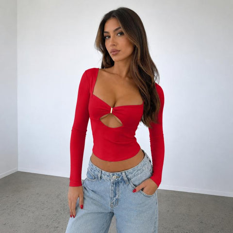 Long Sleeve Sexy Y2K Form-Fitting Slim Knitted T-shirt Top, L, XL, XS, S, M
