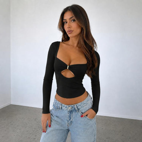 Long Sleeve Sexy Y2K Form-Fitting Slim Knitted T-shirt Top, L, XL, XS, S, M
