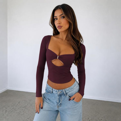 Long Sleeve Sexy Y2K Form-Fitting Slim Knitted T-shirt Top, L, XL, XS, S, M