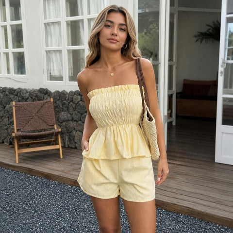 Women Ruffled Casual Strapless Top Striped Shorts Set, XXS