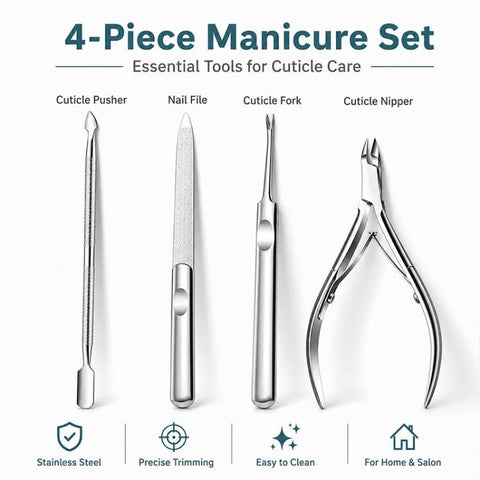 4pcs/Pack Cuticle Nipper, Cuticle Trimmer, Cuticle Pusher, Nail File Stainless Steel Manicure Tool Set