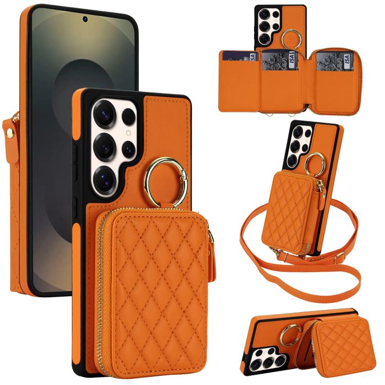 Crossbody Rhombic Hanging Ring Zipper Wallet RFID Phone Case, For Galaxy S25 Ultra 5G