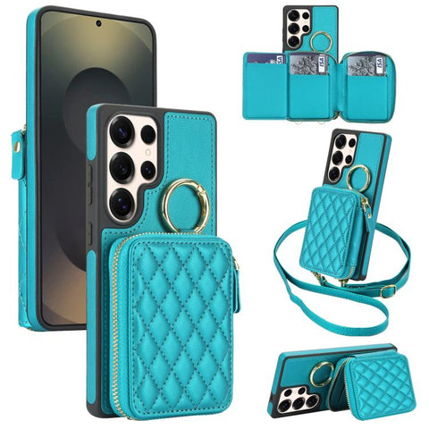 Crossbody Rhombic Hanging Ring Zipper Wallet RFID Phone Case, For Galaxy S25 Ultra 5G