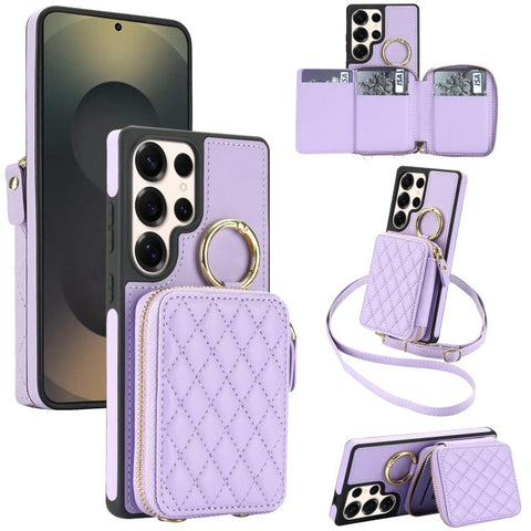 Crossbody Rhombic Hanging Ring Zipper Wallet RFID Phone Case, For Galaxy S25 Ultra 5G