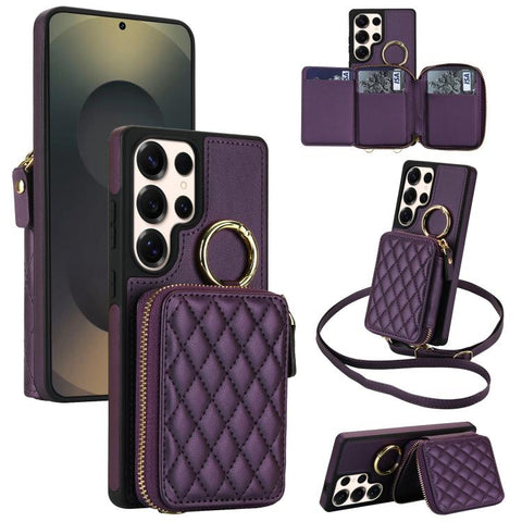 Crossbody Rhombic Hanging Ring Zipper Wallet RFID Phone Case, For Galaxy S25 Ultra 5G