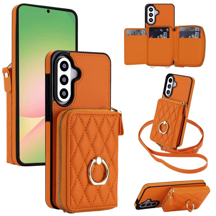 Crossbody Rhombic Ring Holder Zipper Wallet RFID Phone Case, For Galaxy A36 5G / A37 5G