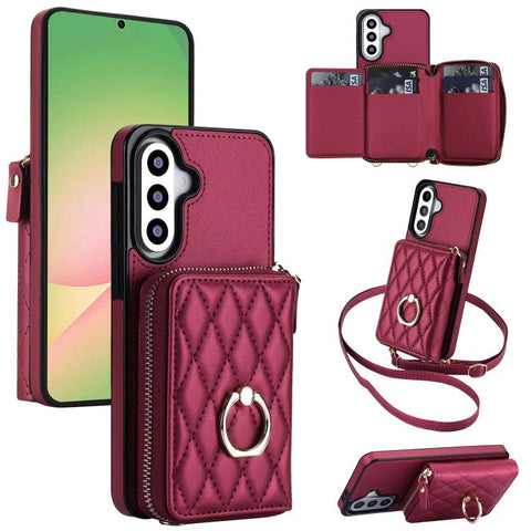 Crossbody Rhombic Ring Holder Zipper Wallet RFID Phone Case, For Galaxy A36 5G / A37 5G